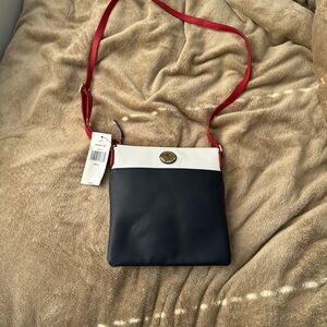 Tommy Hilfiger Navy and White Crossbody Bag with Red Strap
